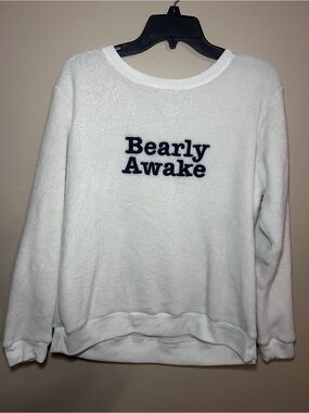 SO White Fleece Crewneck with Navy 'Bearly Awake' Embroidery
